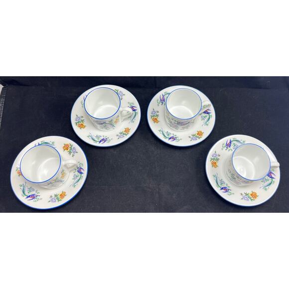 Lec Limoges France LeClair Bird & Floral Porcelain Cup & Saucers. Set Of 4 - Picture 2 of 10